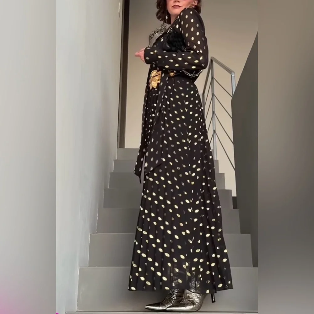 Commense Black and Gold Polka Dot Long Sleeve Midi Dress with Bow - Picture 2 of 12